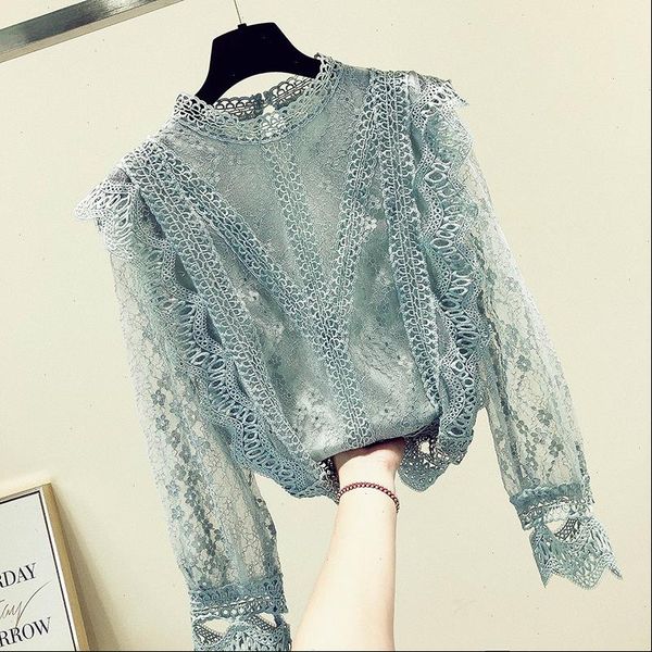 

chiffon lace long sleeved women blouses patchwork style fashion clothing, White