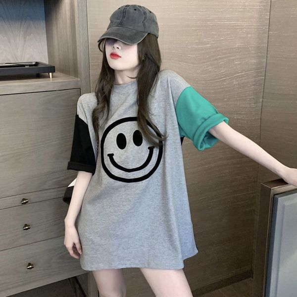 

women's t-shirt color of the contrast hip hop smiley face short-sleeves long female shirt spring and summer big size harajuku bfstyle b, White