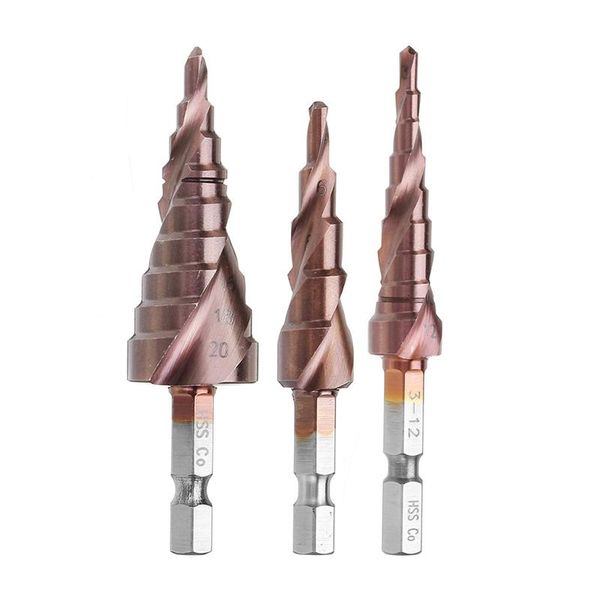 

professional drill bits 3pcs m35 cobalt step bit 3-12/4-12/4-20mm cutter pagoda shape hole 1/4 inch hex shank