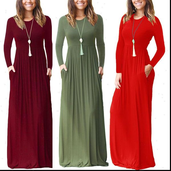 

casual long autumn o neck women dress solid sleeve pocket elastic high waist maxi dresses female slim beach robe plus, Black;gray