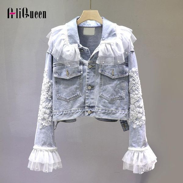 

women's jackets women sweet peter sleeve mesh patchwork beading denim jacket womens and coats streetwear embroidery cropped jean, Black;brown