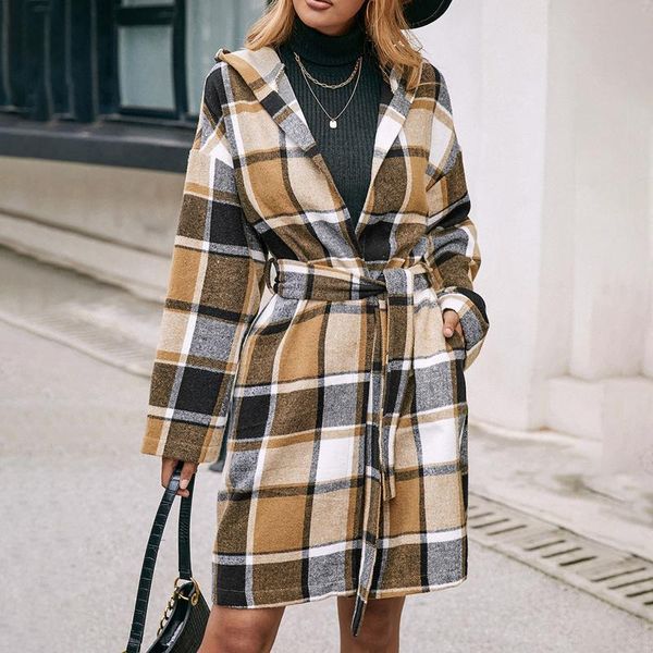 

women's wool & blends winter casual long-sleeved pocket loose outerwear plaid mid-length belt hooded windbreaker jackets tweed coat, Black