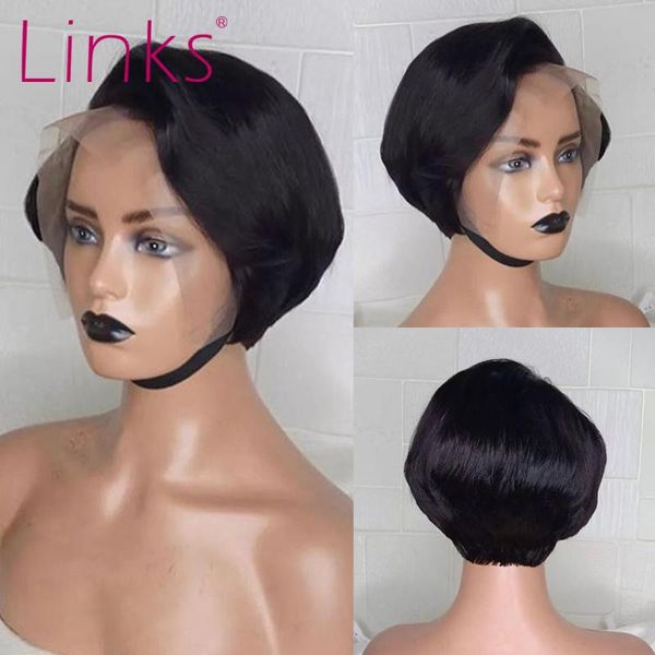 

lace wigs links short pixie cut bob wig straight human hair 150 180 density t-part front for black women natural hairline 8 inch, Black;brown