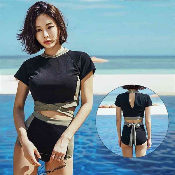 

swimsuit solid patchwork high waist women bikini set short sleeve swimwear push up bikini female 2 pcs beach bathing, White;black