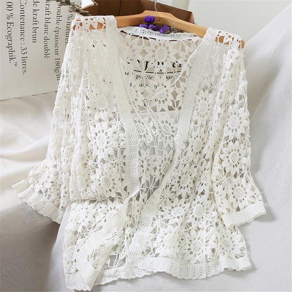 

hollow out crochet women sweater lace kimono cardigan v neck open stitch casual elegant blouse spring summer beach cardigans, White;black