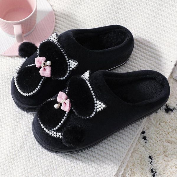 

women's winter slippers cute cartoon cat women warm plush woman slip on flat female soft shoes ladies comfortale house shoe, Black