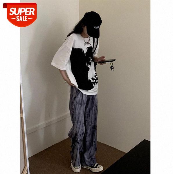 

net red series casual pants women thin tie-dye drape bai trousers loose straight wide leg #5b4l, Black;gray