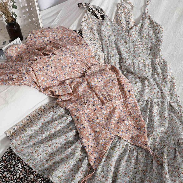 Beach Dolce abito lungo arruffato chiffon dolce selvaggio per le donne estate coreana con scollo a V floreale bretella maxi 210420