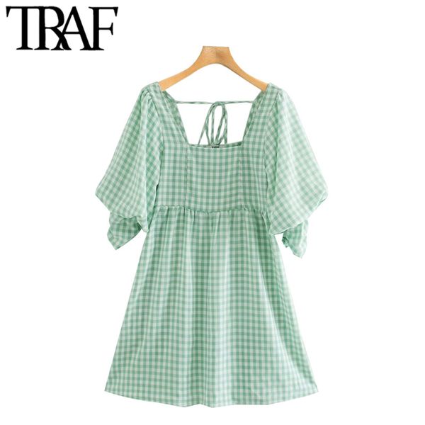 TRAF Women Sweet Fashion Back Tied Plaid Mini Dress Vintage Square Collar Abiti femminili a maniche corte Abiti Mujer 210415