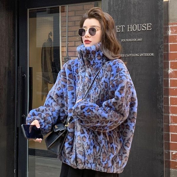 

women's fur & faux 2021 winter korean leopard plush short jacket female imitation lamb coat women fashion warm thick long sleeve outwea, Black