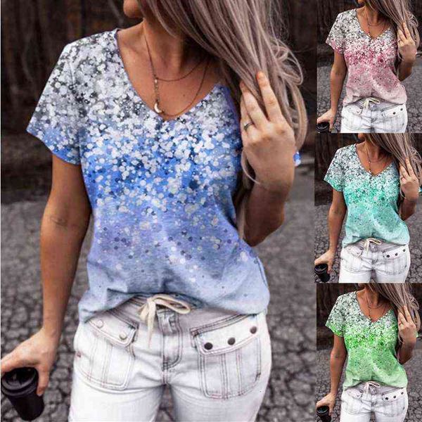 

women's t-shirt 2022 gradient digital print v-neck short sleeve t-shirt, White