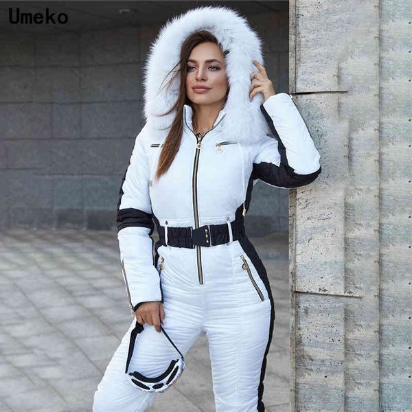 

hooded women'stracksuits umeko 2021winter jumpsuits parka cotton padded warm sashes ski suit without belt one piece casual tracksuits, Gray