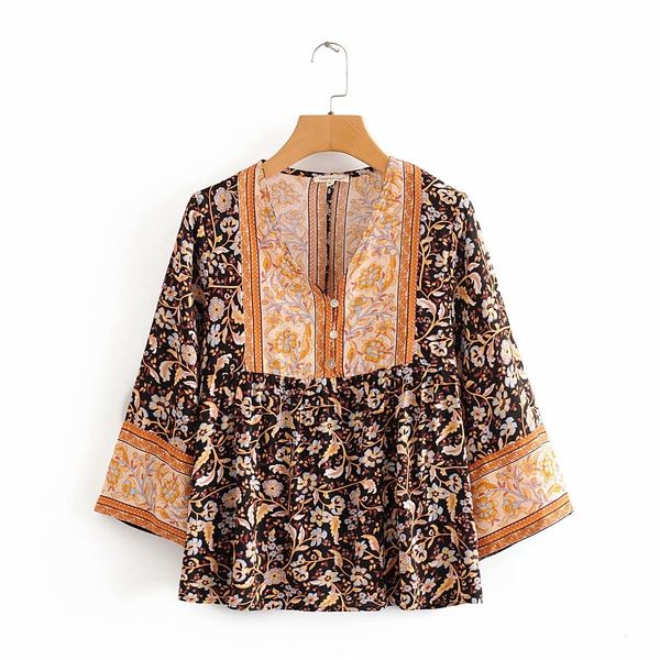 

women's blouses & shirts women camellia floral print bohemian beach 2021 spring summer 3/4 sleeve v-neck boho blouse holiday seasi, White