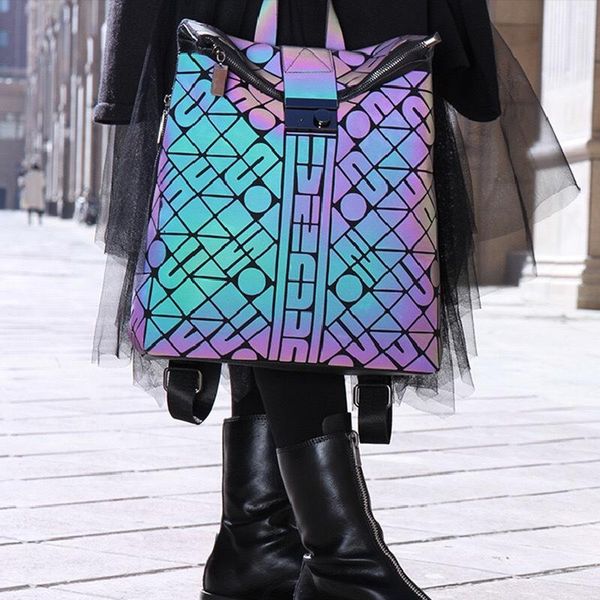 

backpack 2021 geometric night luminous color changing sports foldable double shoulders bag holographic travel