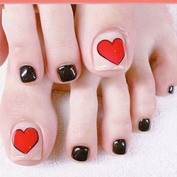 

24pcs cute short square fake toenails full cover wearable nails with glitter strip foot art false gel toes tips girls gift, Red;gold