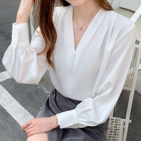 

women's blouses & shirts autumn long sleeve satin blouse women professional womens and blusas mujer de moda 2021 verano, White