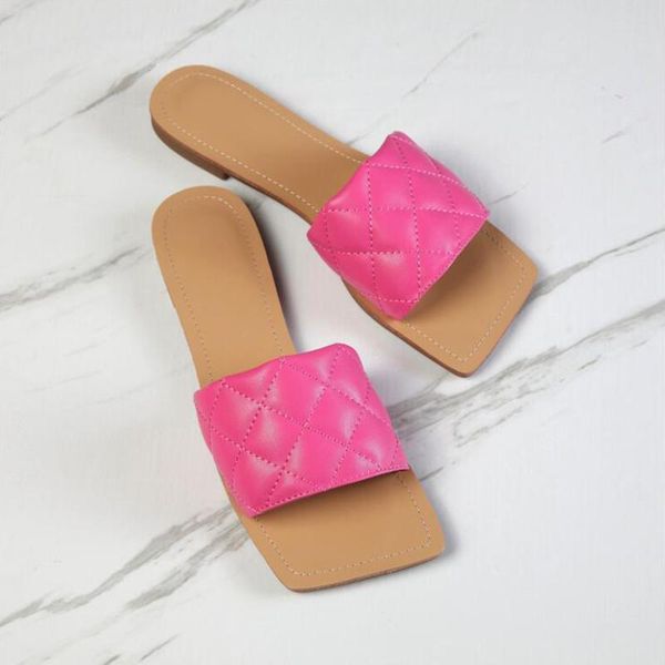 

slippers candy color flat women summer rhombus pu shoes ladies square toe open slides 2021 fashion casual beach sandals, Black
