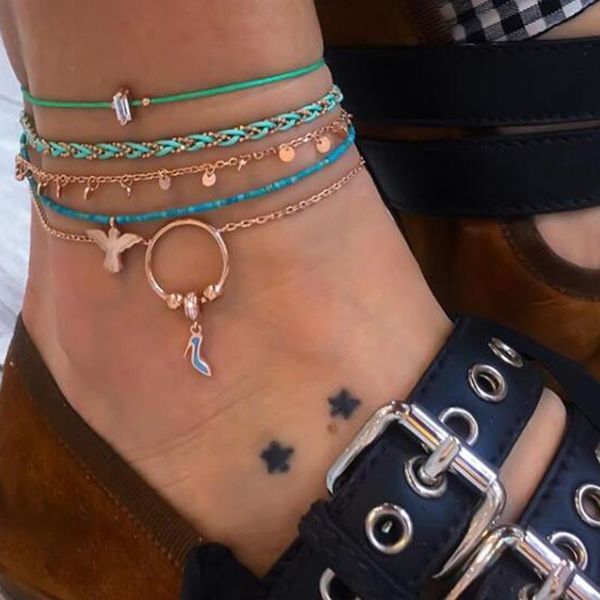 

anklets 5pcs/set boho angel shoes pendant for women multilayers braided rope sequin foot chain girls beach jewelry 8980, Red;blue