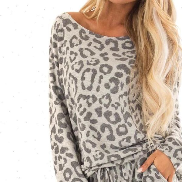 

leopard print two piece womens sleepwears sets pajamas tracksuit pants long home female femme g2, Black;red