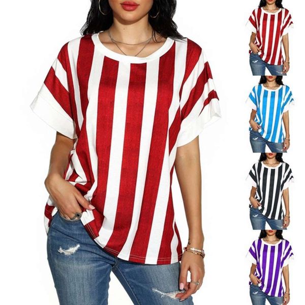 

women's t-shirt summer round neck striped bat sleeve 5slm, White