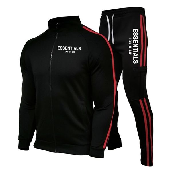 

sportswear fashion brand essentials men's suit casual sportswear stand collar two piece set, Black