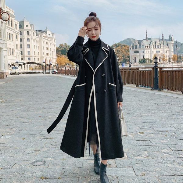 

women's wool & blends [ewq] korea chic women winter cotton thickened double breasted long sleeve color contrast jacket coat female fash, Black