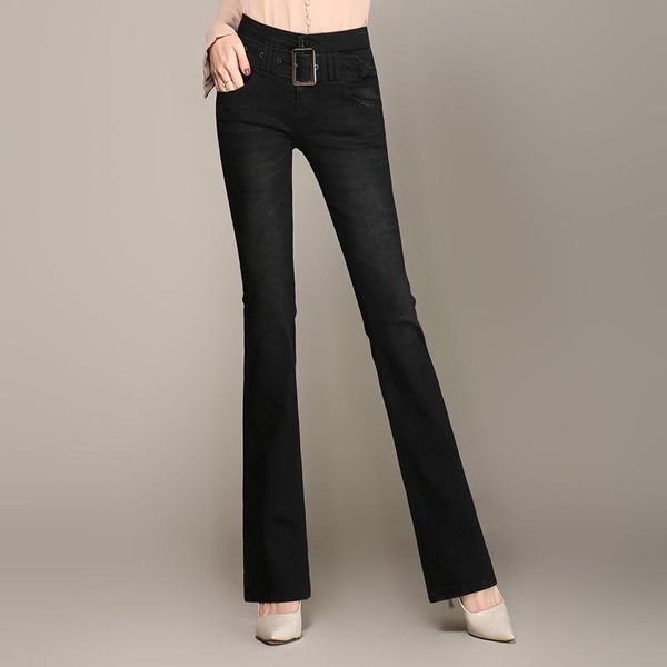 

women's jeans spring autumn women vintage high waist denim pants elastic skinny flare stretch femme, Blue