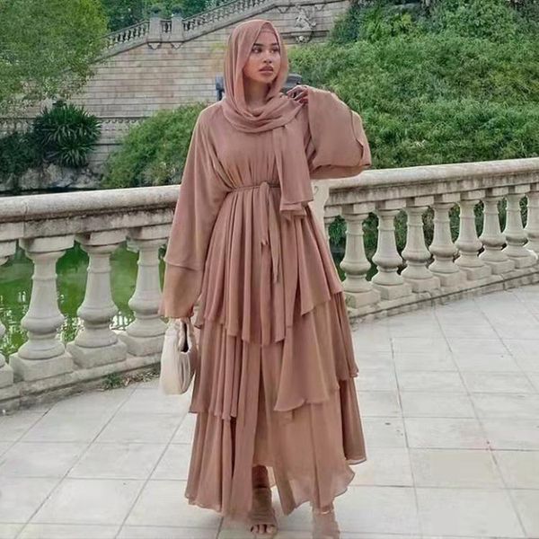 

ethnic clothing mandylandy fashion stitching muslim dress women three-layer chiffon elegant abaya ramadan cardigan hijab marocain robe, Red