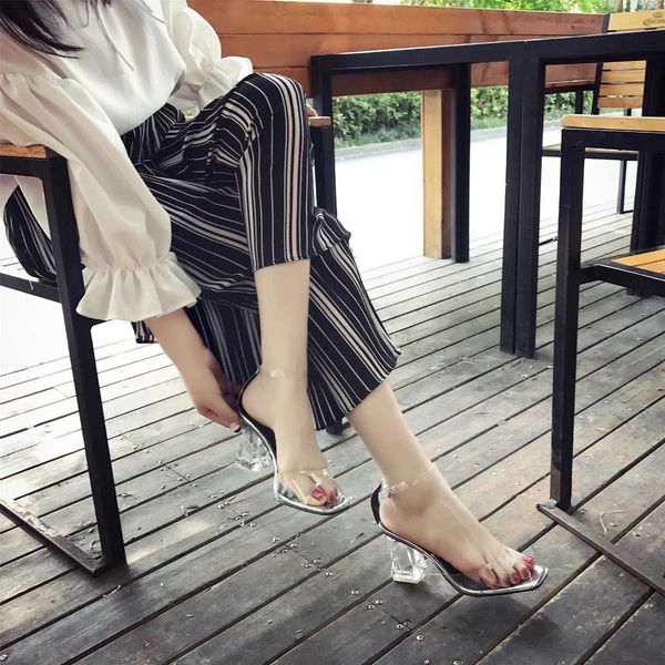 

slippers woman shoes summer high-heeled high heels high crystal pic transparent female sandalia ladies jelly bsr4, Black