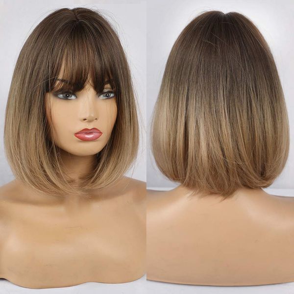 

short bobo wig with side bangs silky straight gray brown blonde synthetic wigs for women daily party cosplay use heat resistantfactory direc, Black