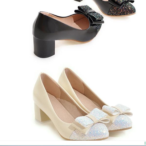 

women's shoes in spring shallow mouth coarse middle heel round head bowknot, Black