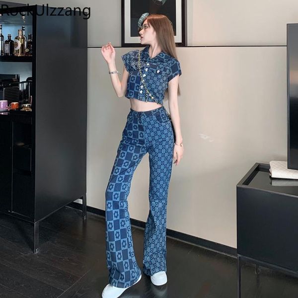 

two piece set flower button outfit short sleeve tee crop high waist daisy pant suit summer elegant casual fashion aesthetic women's pan, White
