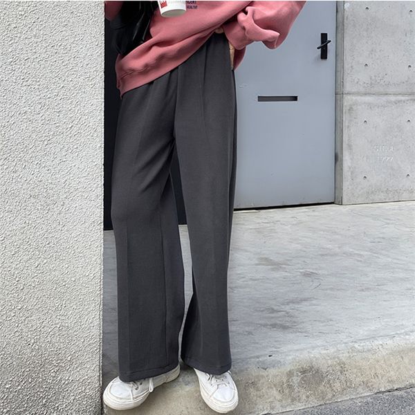

ol elastic high waist suit straight pants women bottoms autumn winter woolen work wear solid loose trousers 210421, Black;white