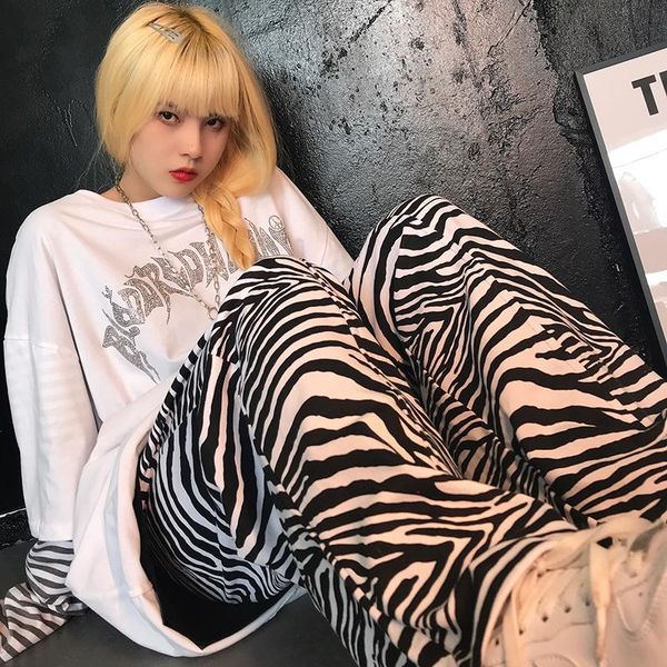 

little hat 2021 zebra pants women's wide leg casual straight loose mop ins tide & capris, Black;white
