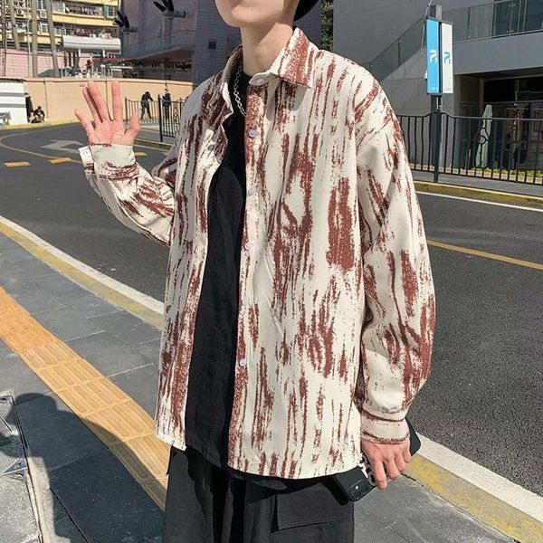 

spring tie-dye shirt men's fashion printing retro casual men streetwear korean loose long-sleeved shirts mens -2xl, White;black