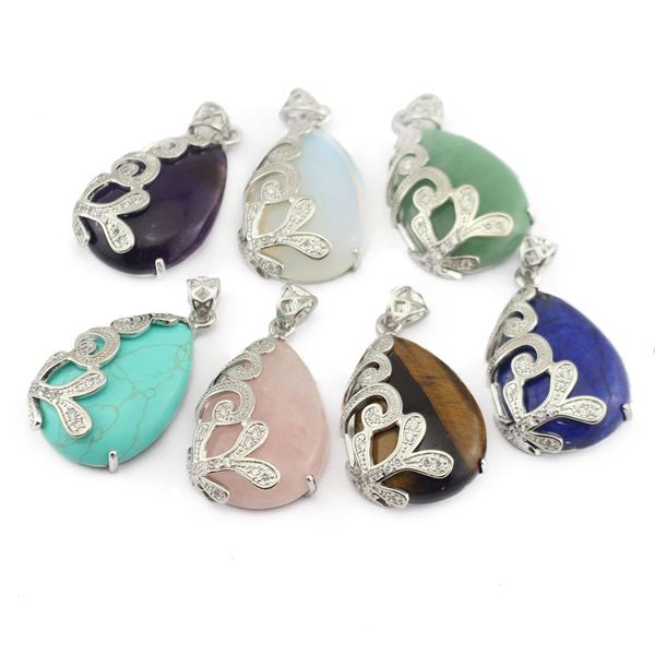 

natural gemstone water-drop shape cane vine flower women pendant amethyst rose quartz opal healing crystal necklace chram fashion reiki ston, Silver