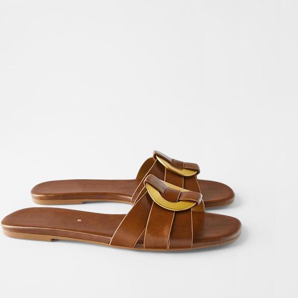 

summer women's shoes brown sandals decorated square toe metal buckle cow leather flat slippers, Black