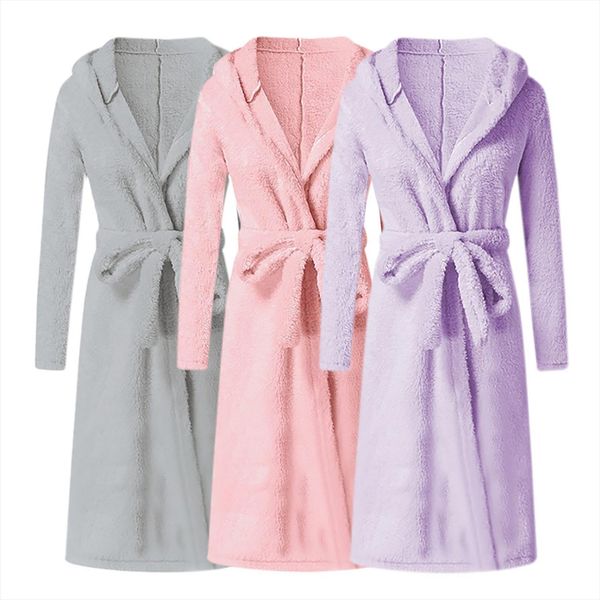 

three colors winter plush womens sleepwears lengthened shawl bathrobe home clothes long sleeved robe coat solid warm mid calf sleepwear, Black;red