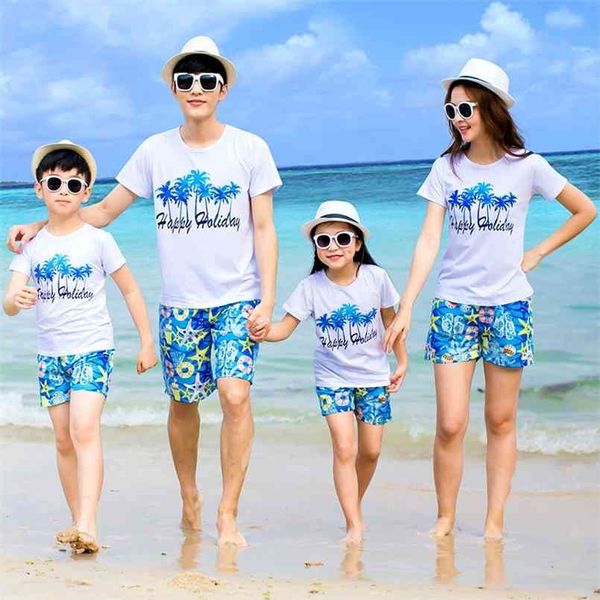 Verão Família Jogo Conjunto de Mãe Filha Pai Filho T-shirt de Algodão + Shorts 2 Pcs Casal Lovers Feriado Roupas Seaside 210724