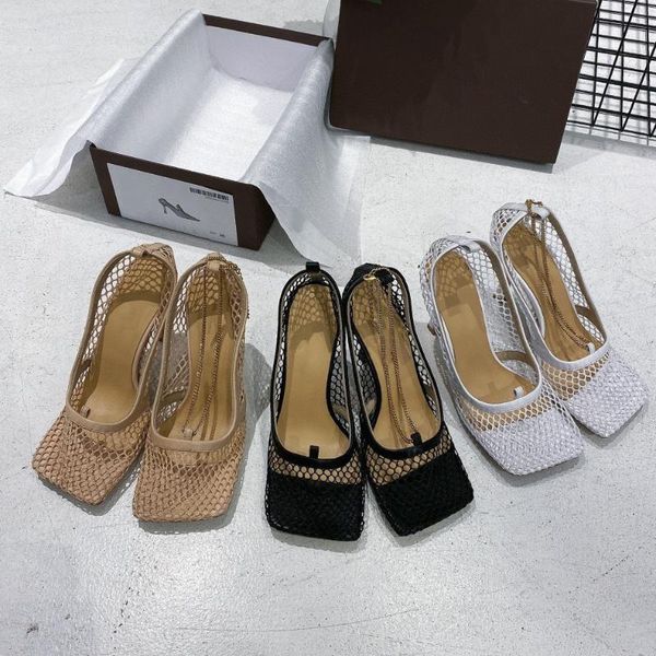 

dress shoes summer super-high heels women's mesh hollow decoration chain pumps square toe evening zapatillas mujer designer, Black