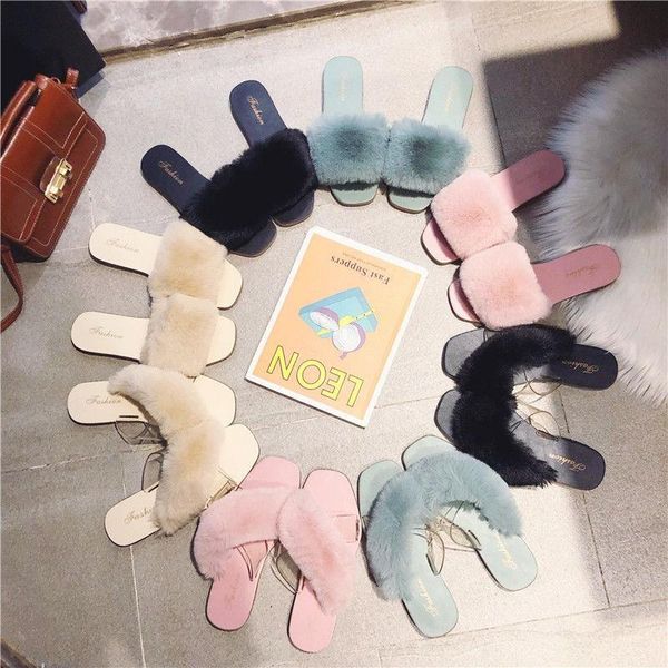 

autumn and winter 2021 version warm versatile fairy style flat slippers for women shoes, Black