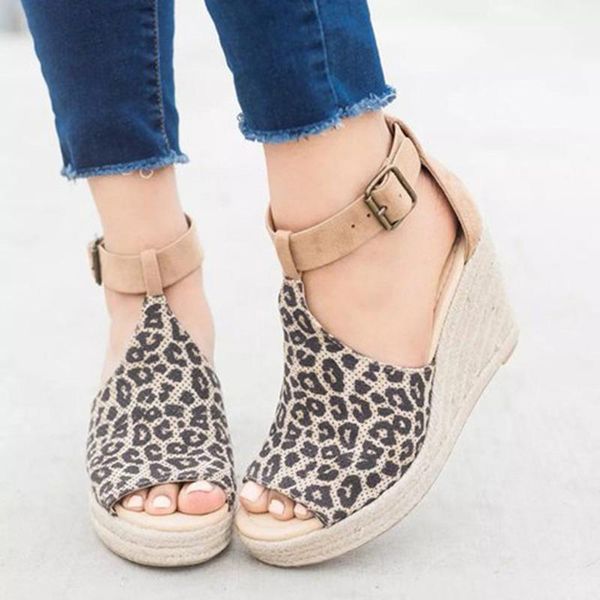 

sandals summer women wedges platform ladies shoes flock leopard ankle outdoor peep toe casual, Black