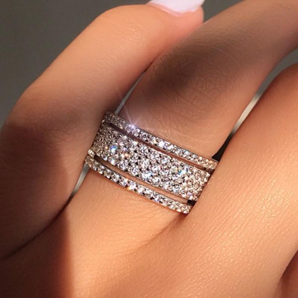 

wedding rings huitan gorgeous silver color women ring 5 row micro paved cz stone simple luxury bridal fashion jewelry size 6-10, Slivery;golden