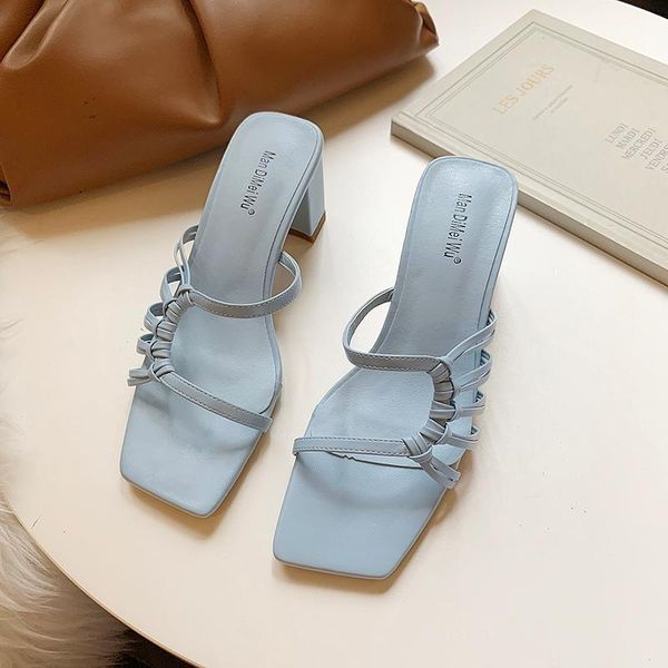 

slippers summer high heels for women open toe blue indoor woman casual beige square heel slides ladies pink house shoes, Black