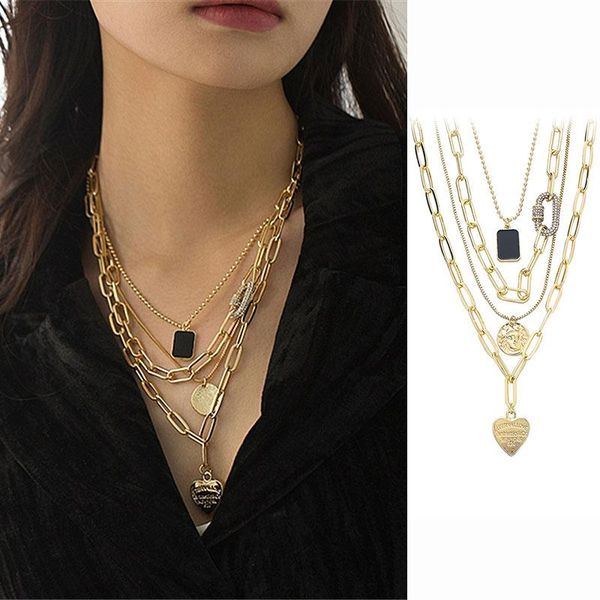 

chokers xiaoboacc 4pcs set gothic necklace for women punk grunge retro heart pendant multi-layer choker chains jewelry 2021, Golden;silver