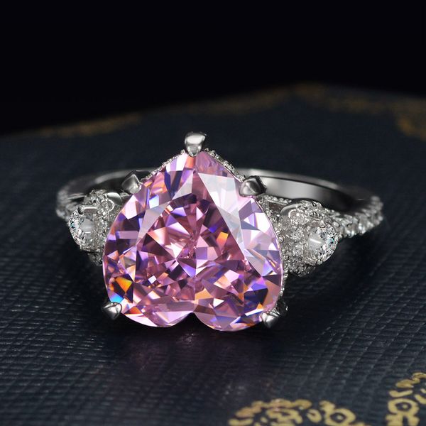 Anel de diamante de safira rosa 5ct com corte de coração 100% original prata esterlina noivado anéis de banda de casamento para mulheres joias