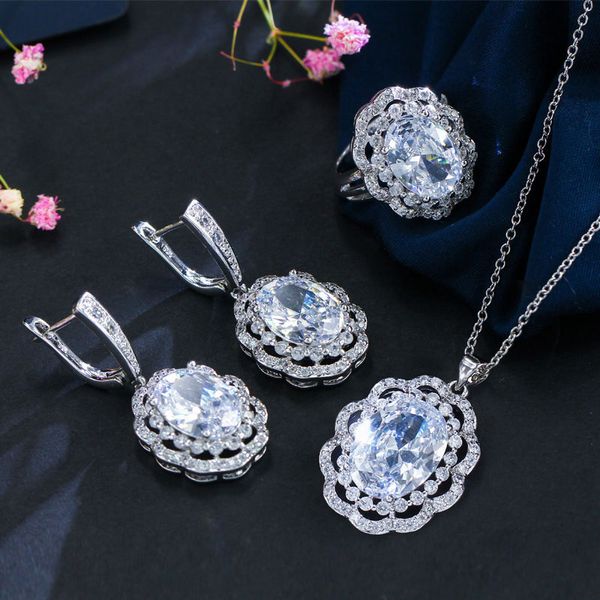 

many colors luxury handmade big oval zircon 925 sterling silver jewelry for women drop earrings ring necklace set factory directly sales, Slivery;golden