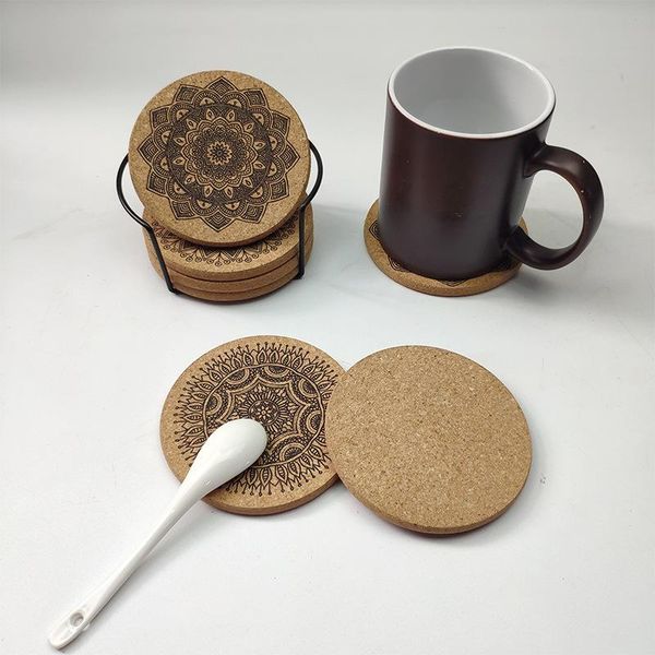 

mats & pads creative nordic mandala design round shape wooden coasters cork kitchen accessories 6pcs