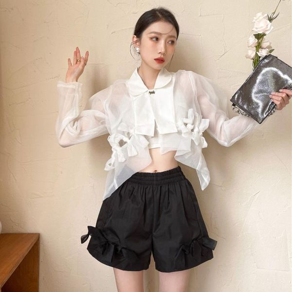 

women's blouses & shirts zcsmll summer thin niche bowknot short white sun protection shirt elastic waist shorts two-piece suit 2021 tid