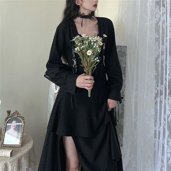 

dresses gothic women autumn elegant vintage black fashion lace-up ruffles a-line long sleeve party dress korea clothing, Black;gray